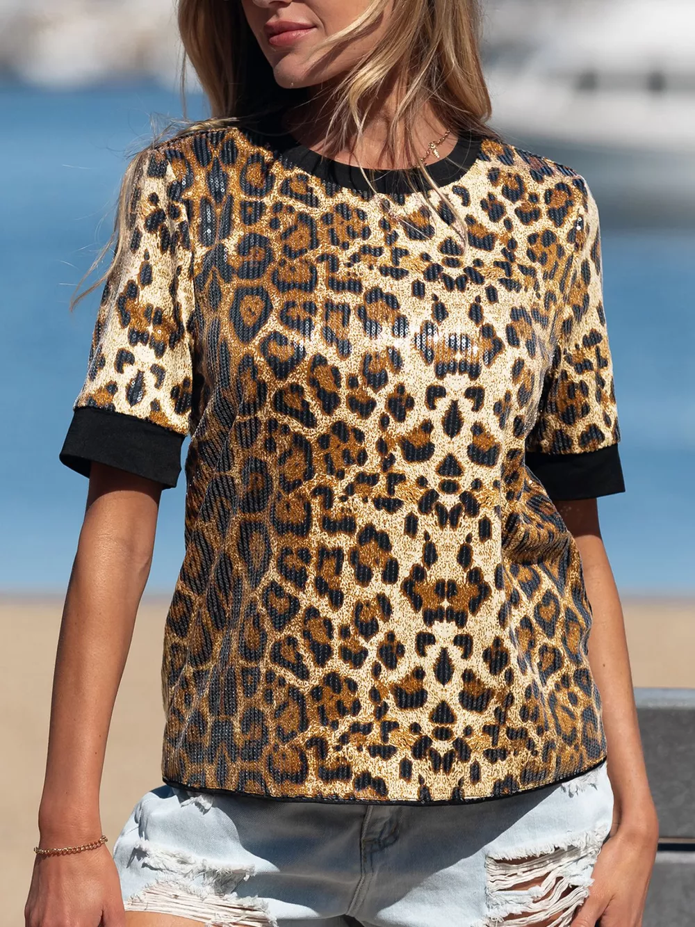 Sequin Leopard Pattern Short Sleeve Top