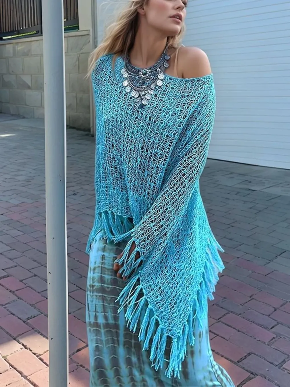 Tassel Boat Neck Knit Shawl, image 7