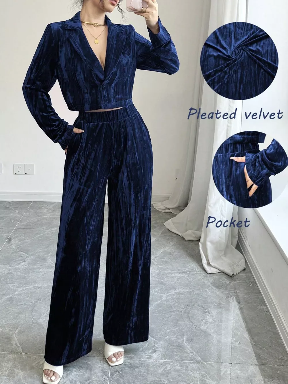 Pleated Velvet Blazer & Wide Leg Pants Set, image 4