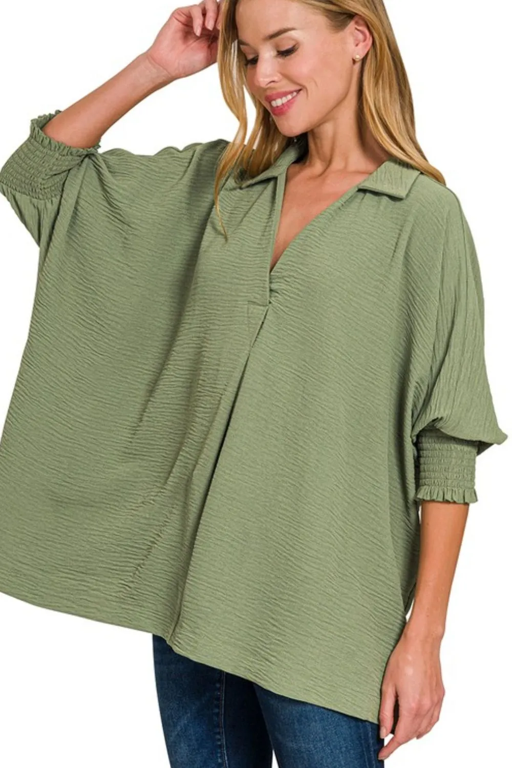 Airflow Collar Tee with Smocked Sleeve Band Top