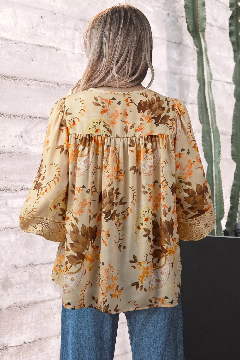 Paisley Print Decorative Binding Tape V Neck Shift Blouse, image 4