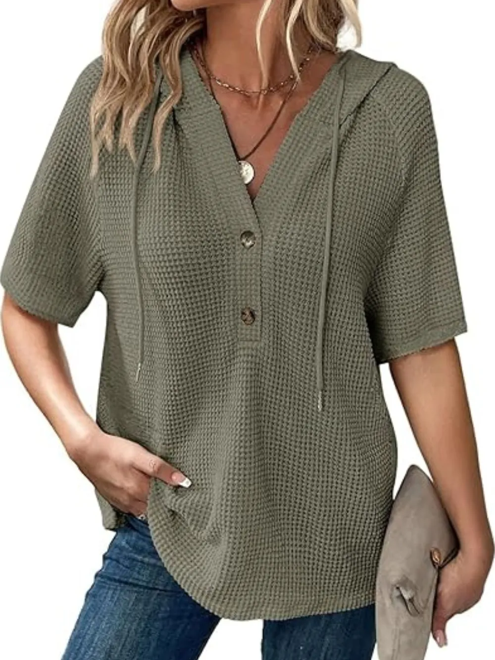 Drawstring Waffle-Knit Short Sleeve Hooded Top, image 12