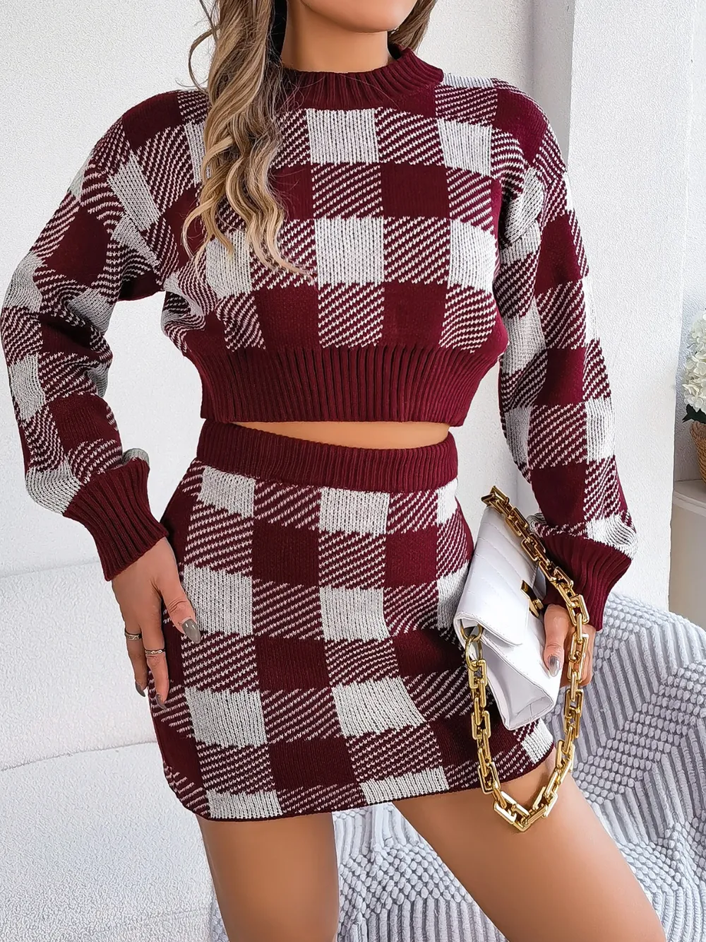 Plaid Round Neck Top and Skirt Sweater Set, image 6