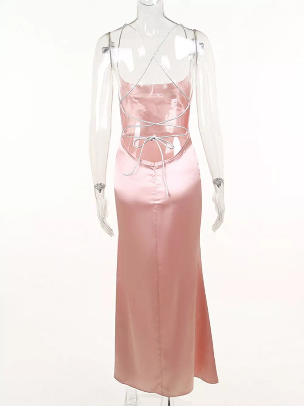 Slinky Satin Cowl Neck High Slit Dress with Back Lace Up, image 6