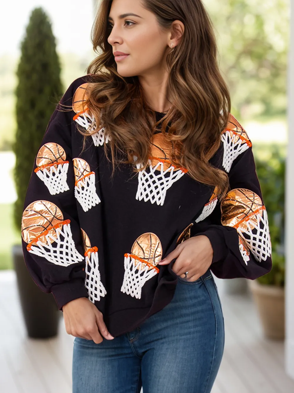 Basketball Round Neck Long Sleeve Sweatshirt, image 5