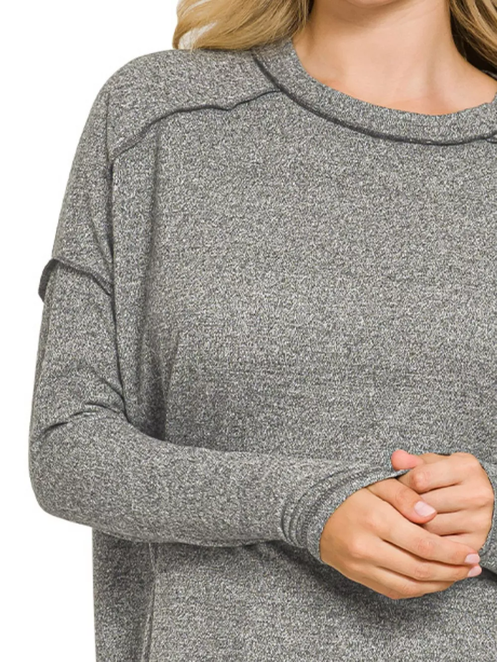 Full Size Melange Hacci Exposed Seam Hi-low Tee Plus Size, image 3