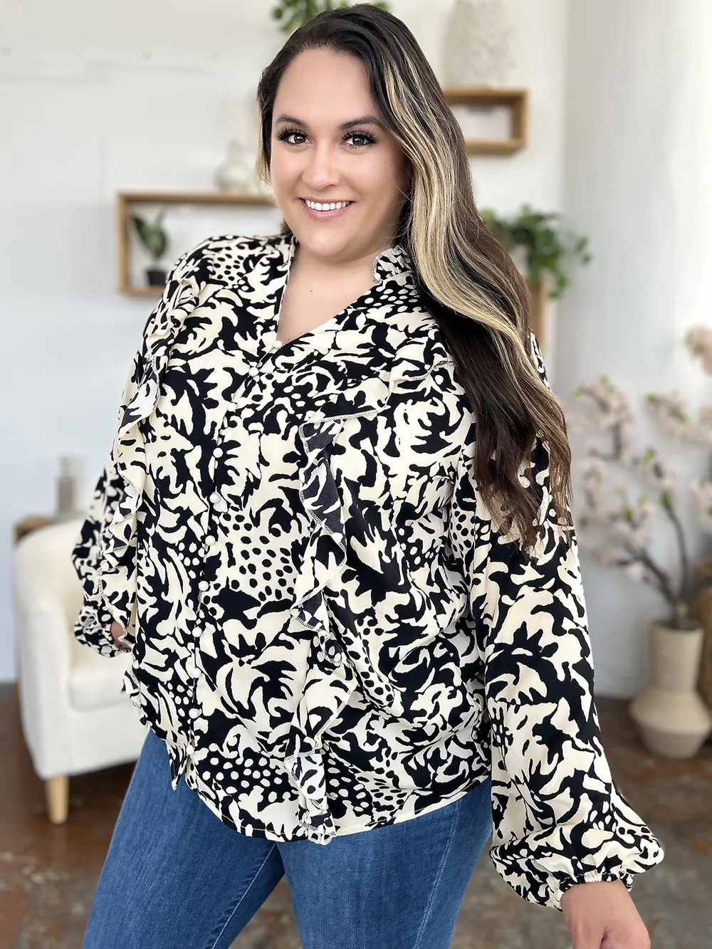 Full Size Printed Ruffle Trim Balloon Sleeve Shirt, image 8