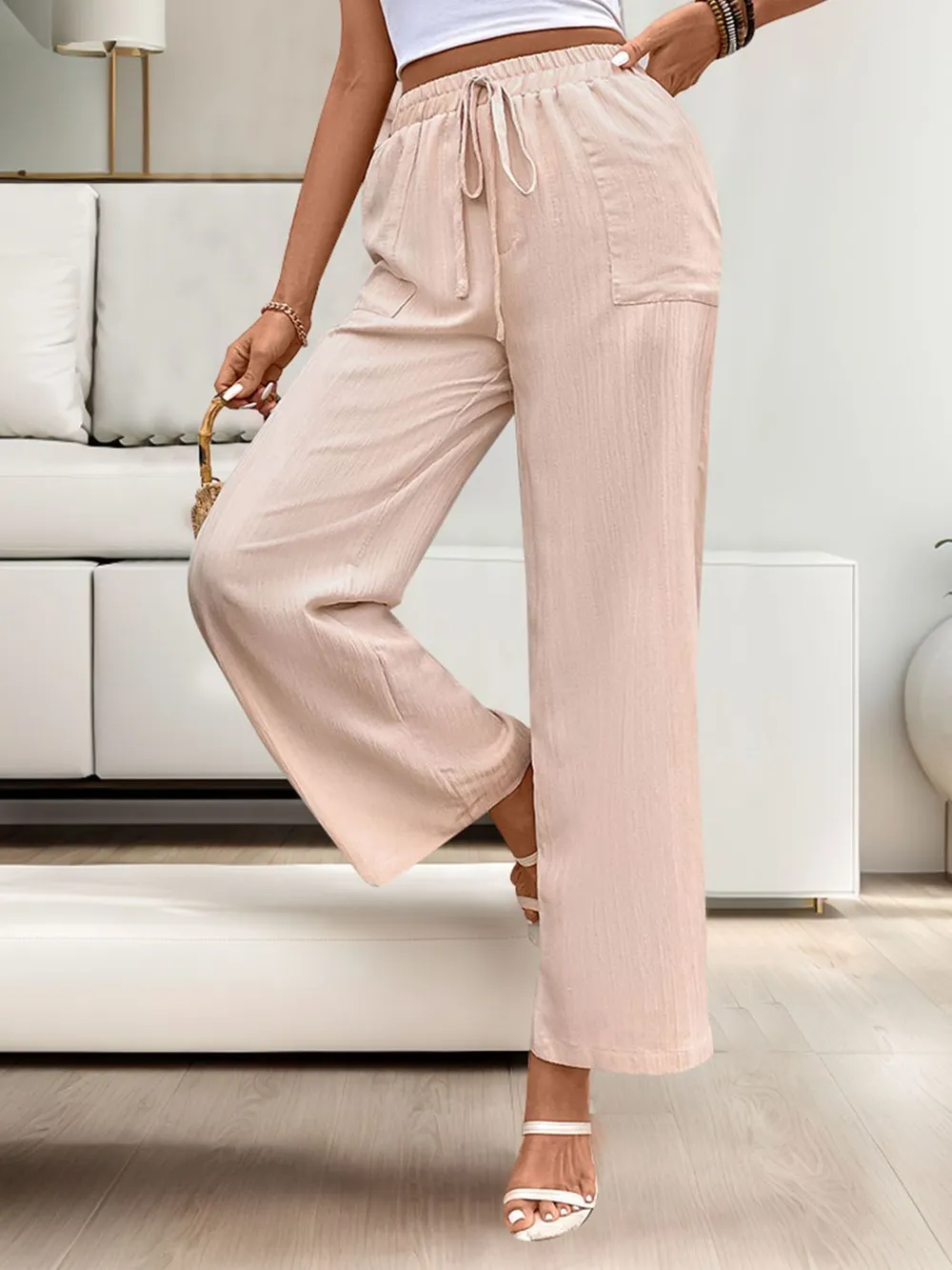 Tied Wide Leg Pants with Pockets, image 2