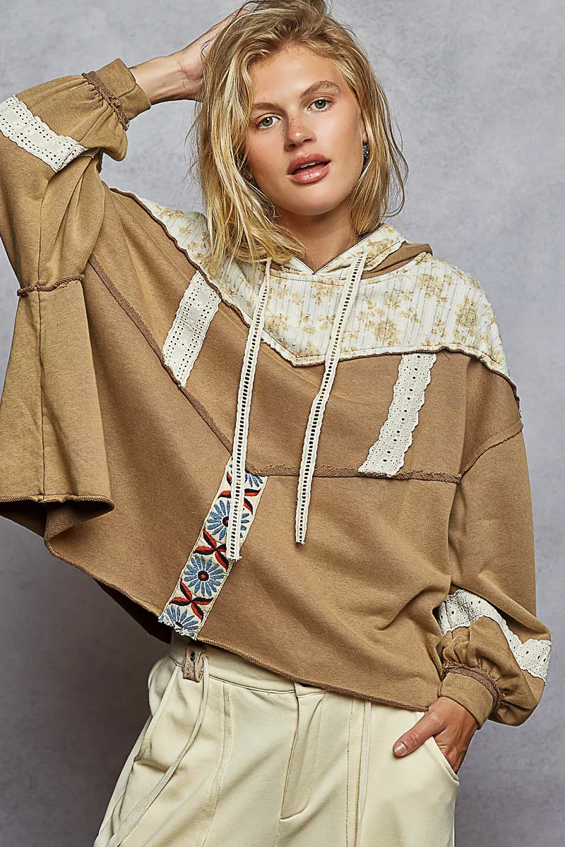 Drawstring French Terry Hoodie with Gauze Print Patch