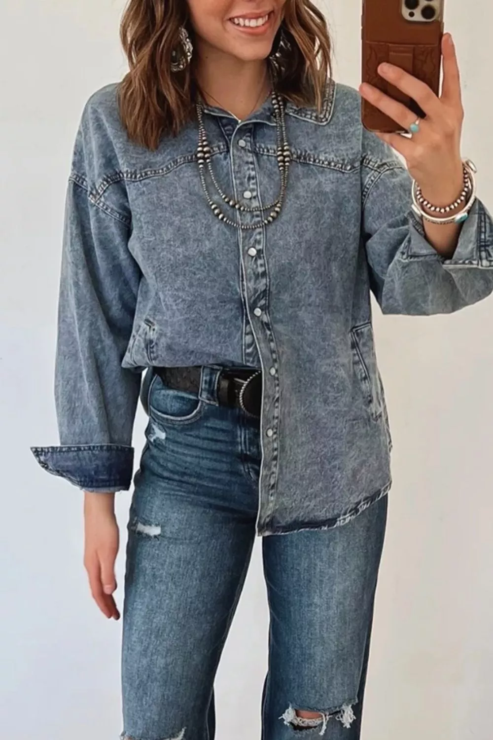Western Long Sleeve Shirt Collar Tunic Denim Jacket, image 3