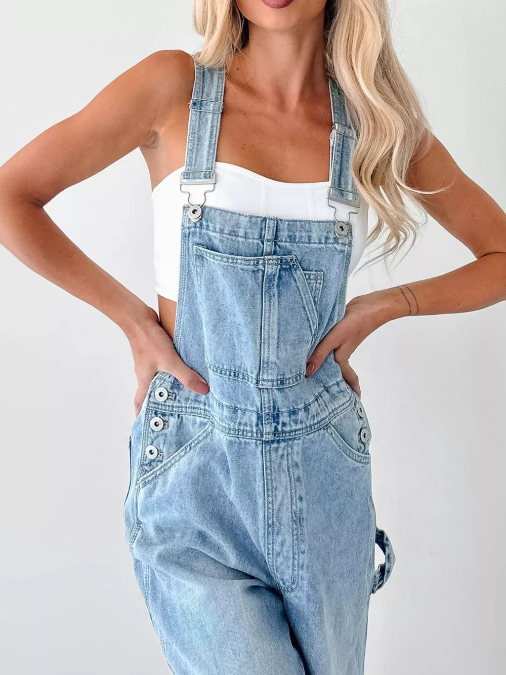 Wide Strap Relaxed Fit Denim Overalls, image 2