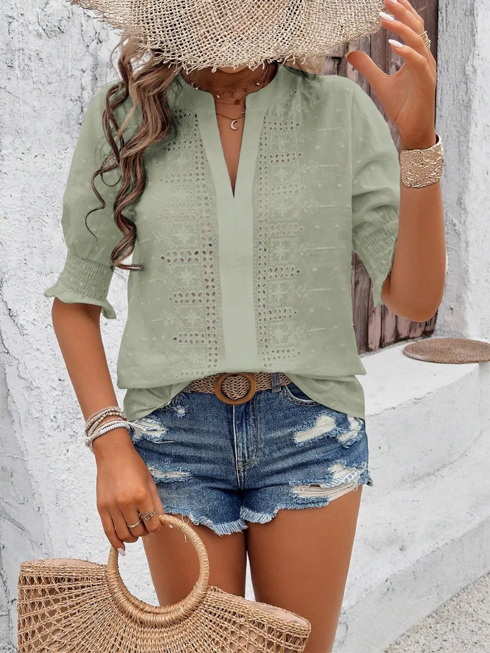 Eyelet Notched Flounce Sleeve Blouse, image 8