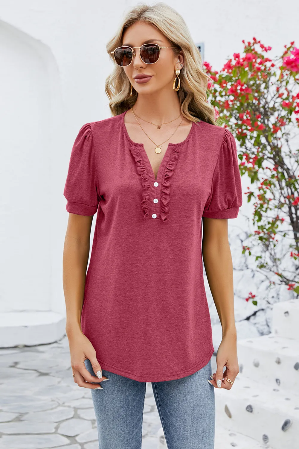 Frill Notched Short Sleeve Blouse, image 13