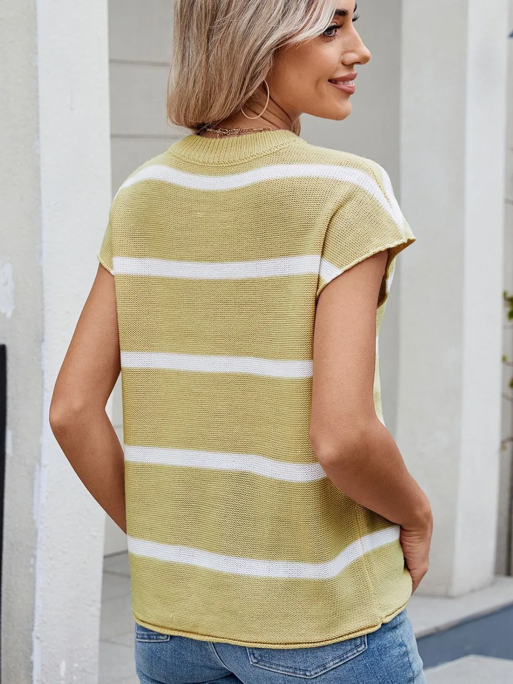 Exposed Seam Striped Round Neck Knit Top, image 5