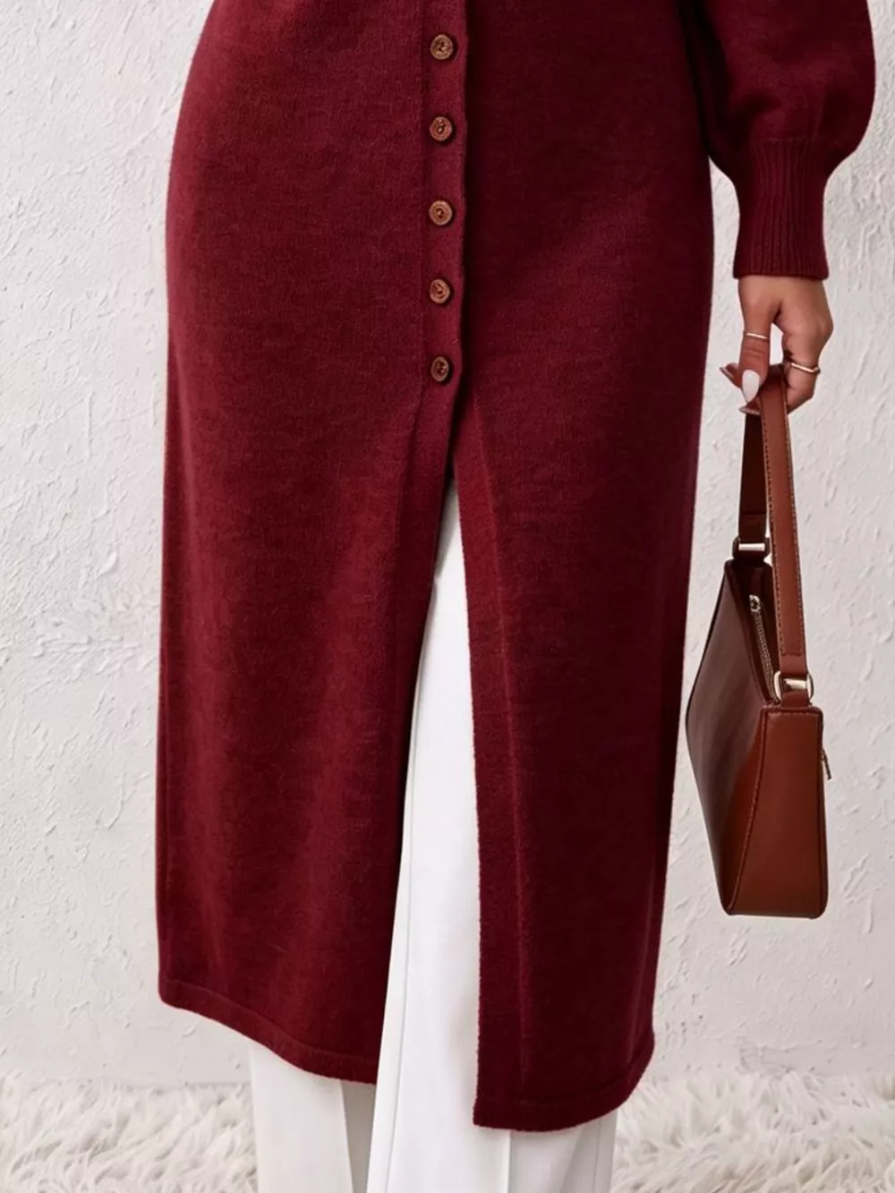 Elegant Longline Button-Front Cardigan with Lantern Sleeves, image 10