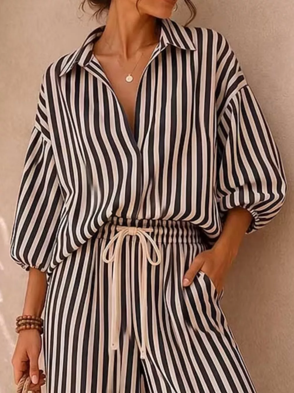 Full Size Striped Puff Sleeve Shirt and Wide-Leg Drawstring Pants Set Plus Size, image 5