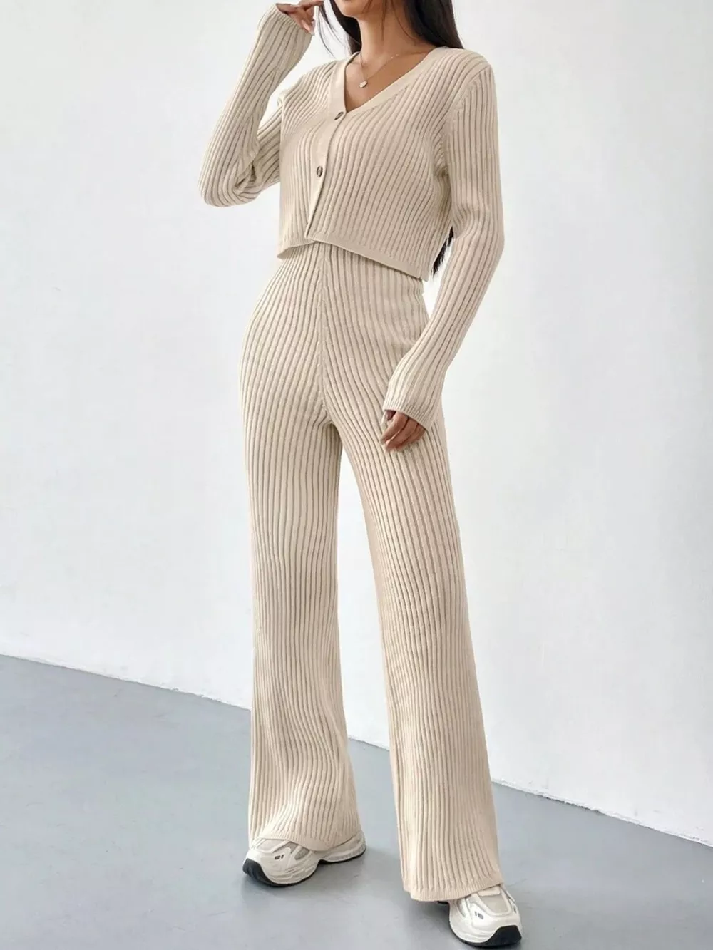 Ribbed Knit Button Up Top and Pants Set, image 5