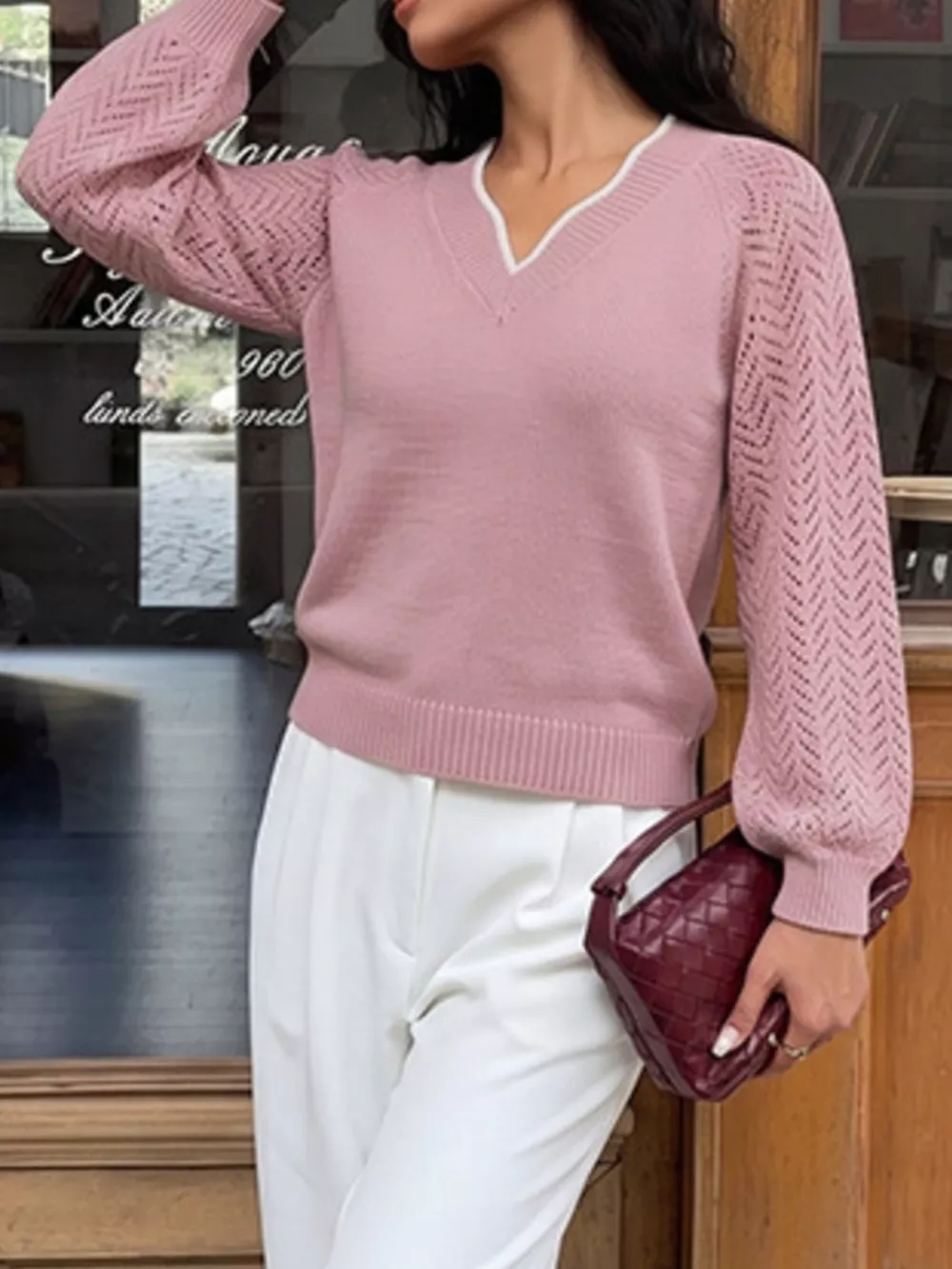 V-Neck Openwork Long Sleeve Sweater, image 5