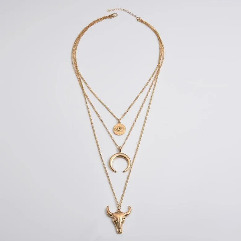 Alloy Three-Layered Bull Head Pendant Necklace, image 3