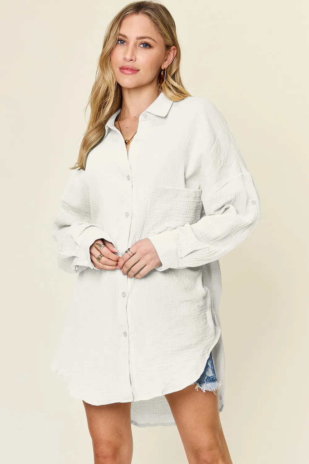 Full Size Pocketed Texture Button Up Shirt, image 3