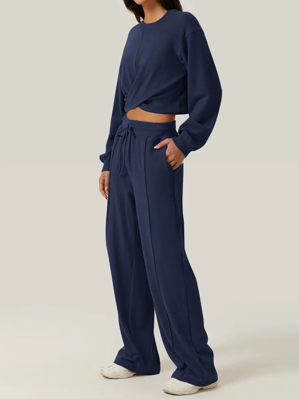 Crisscross Round Neck Top and Drawstring Pants Set, image 5