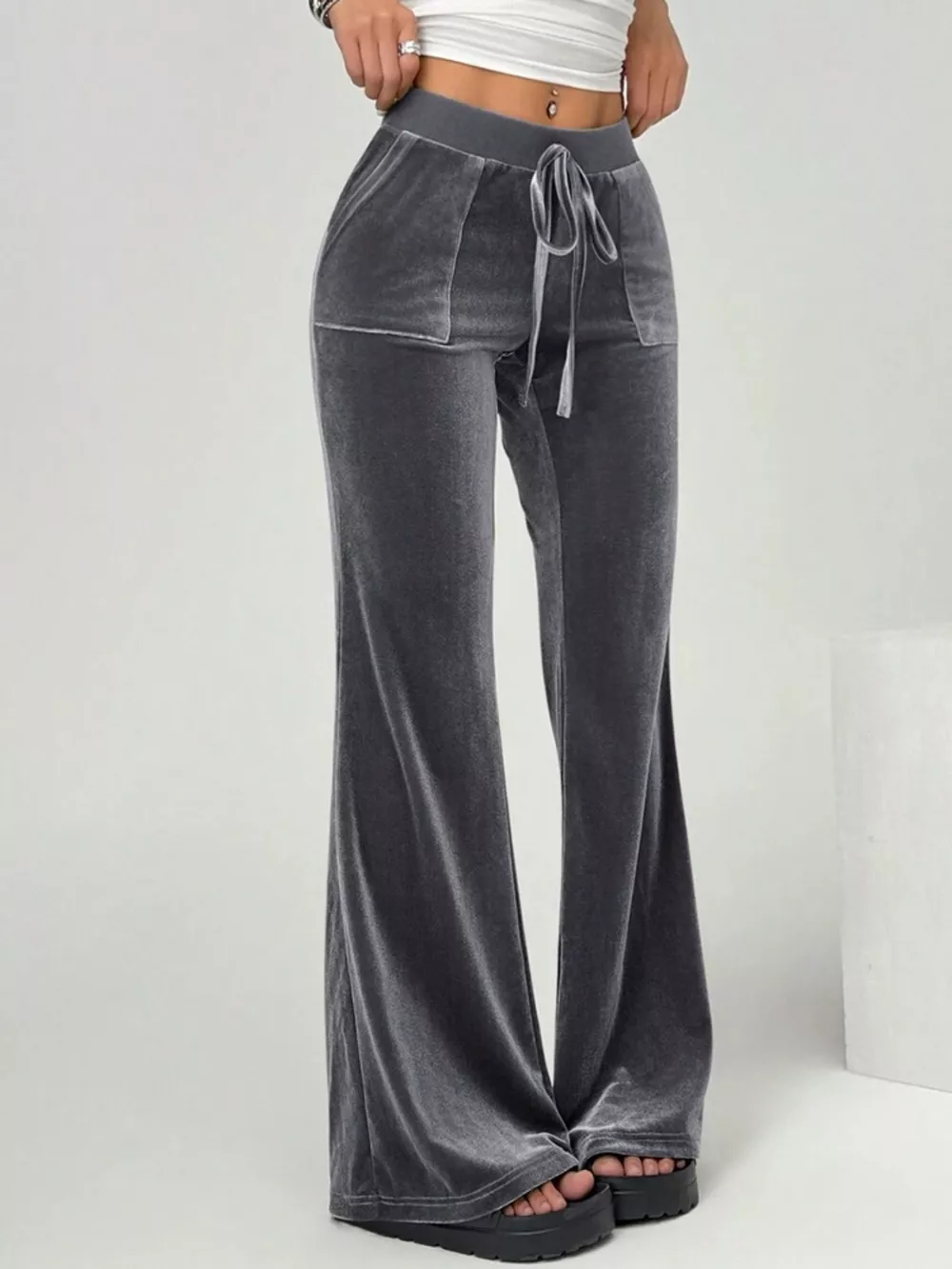 Velvet Flare Pants with Drawstring, image 5