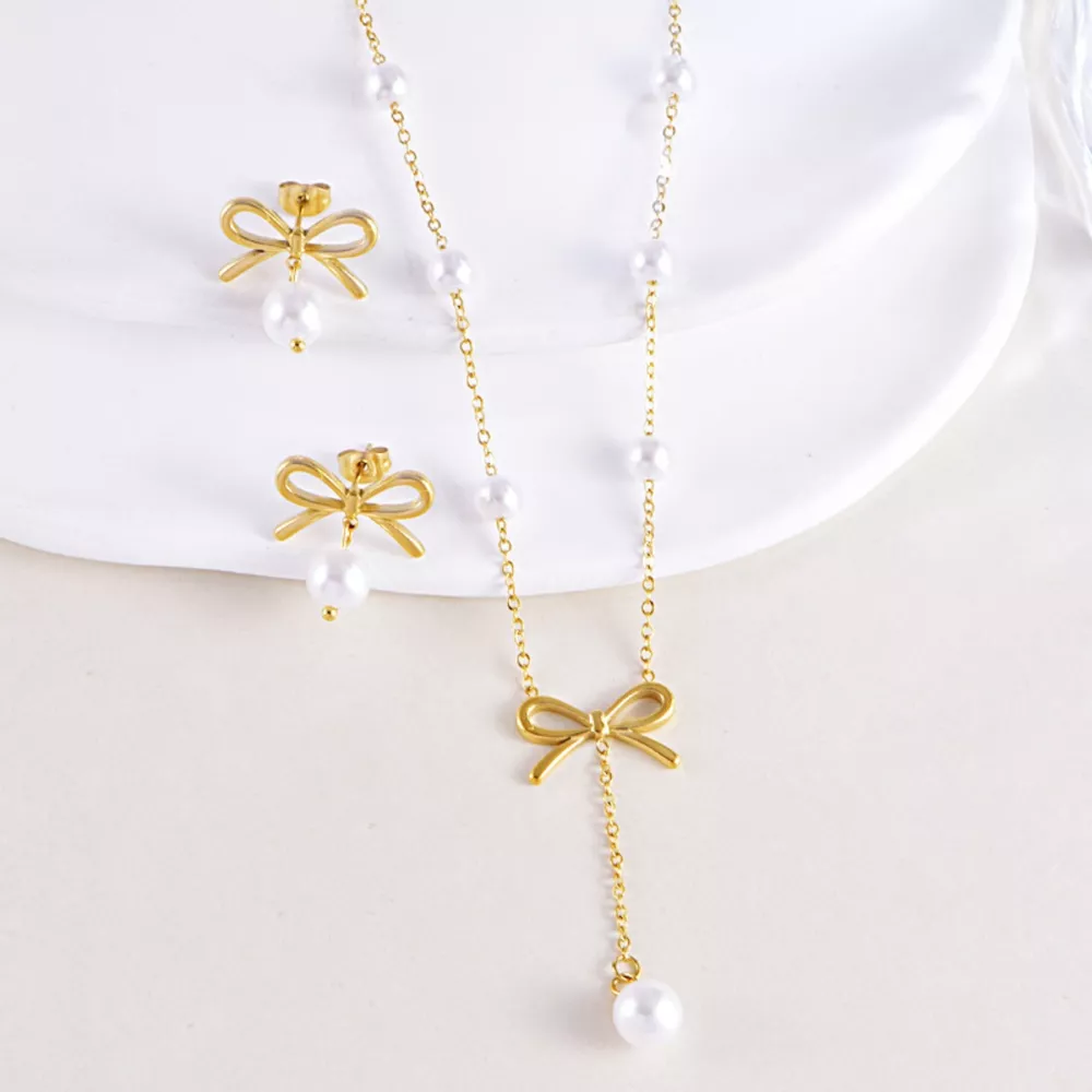 18K Gold-Plated Bowknot Pearl Jewelry Set, image 4
