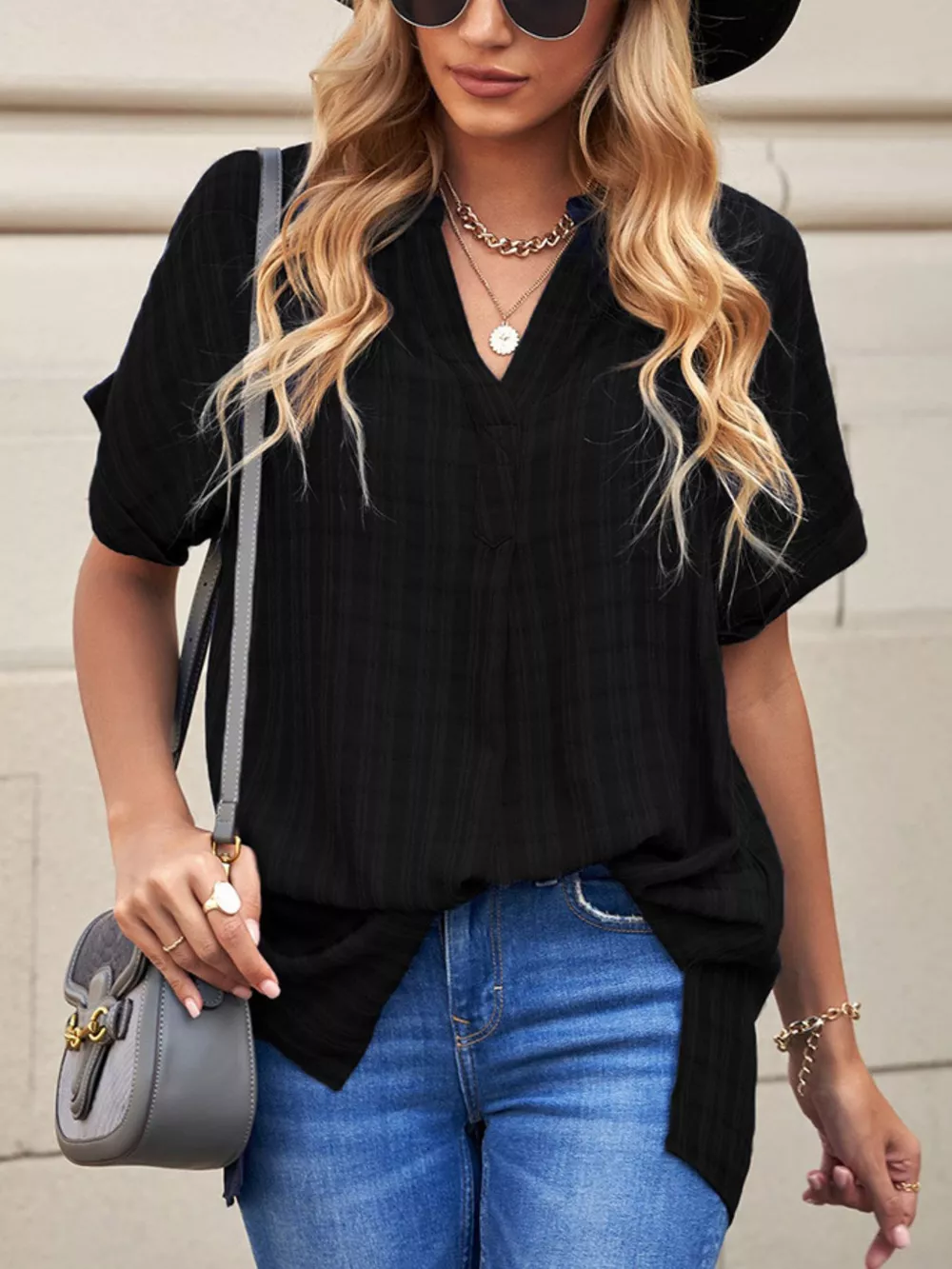 Notched Short Sleeve Blouse