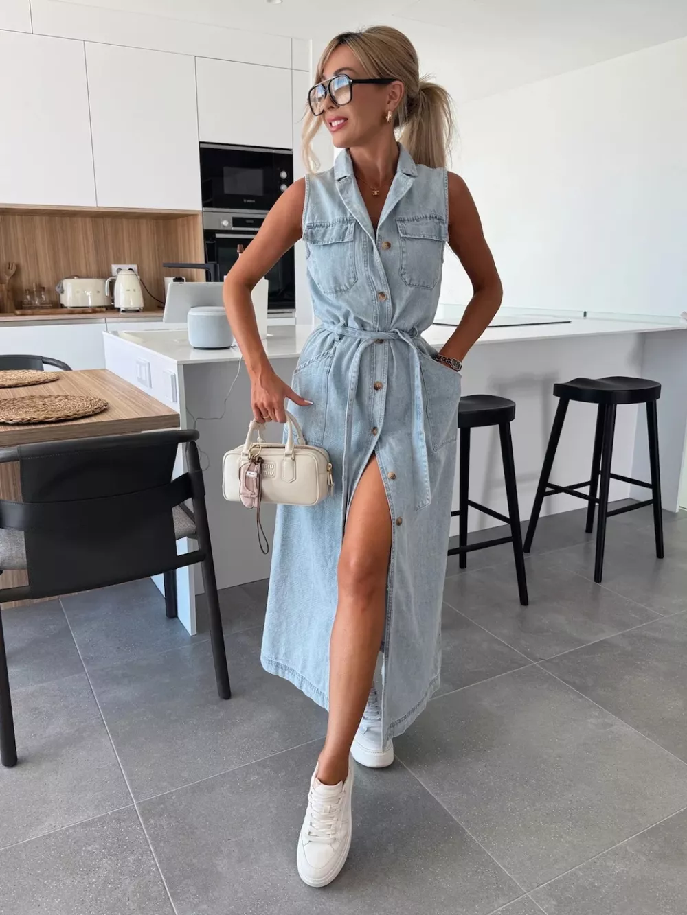 Button Front Sleeveless Denim Dress, image 4