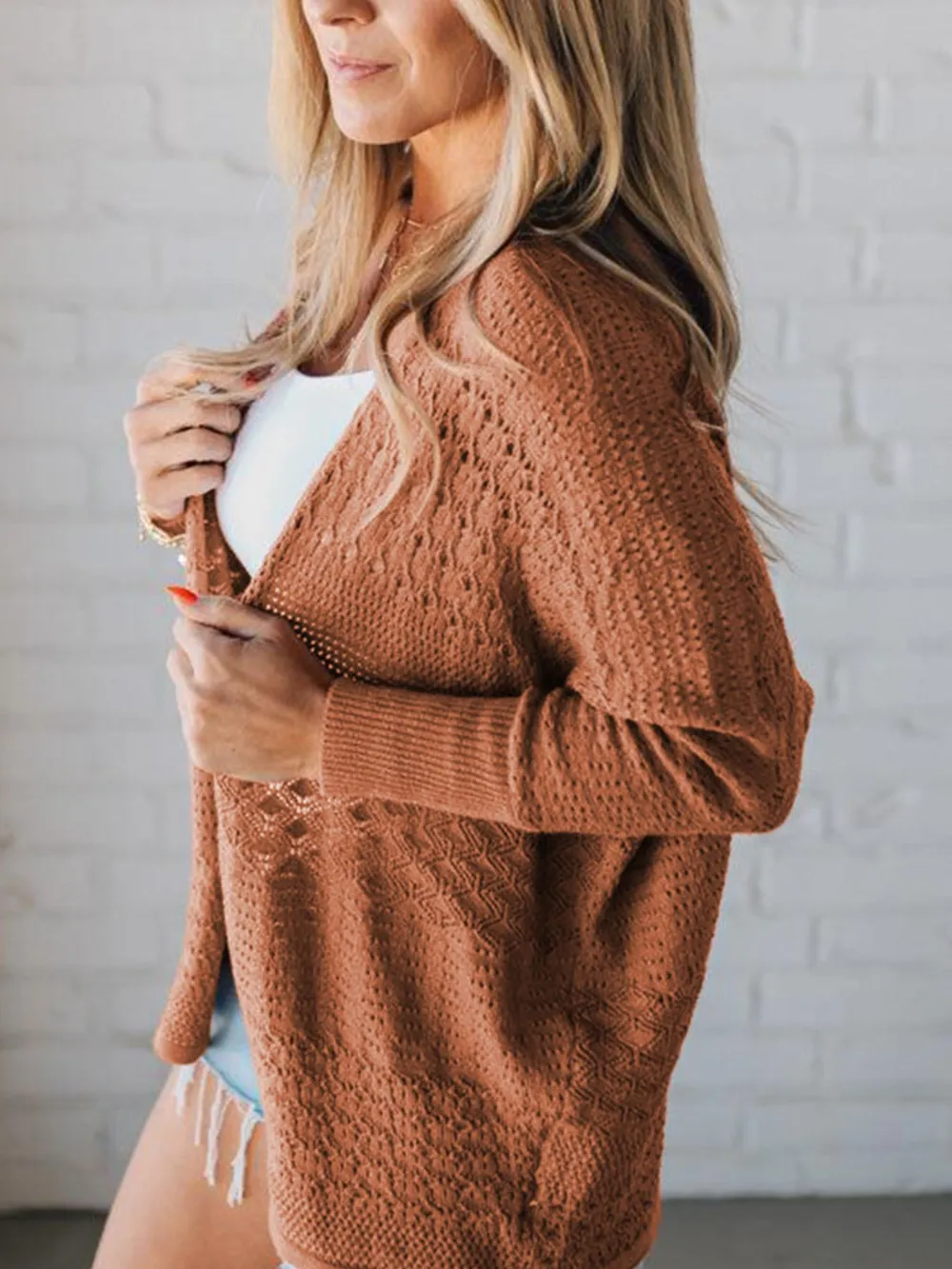 Open Front Knitted Cardigan with Eyelet Details, image 3