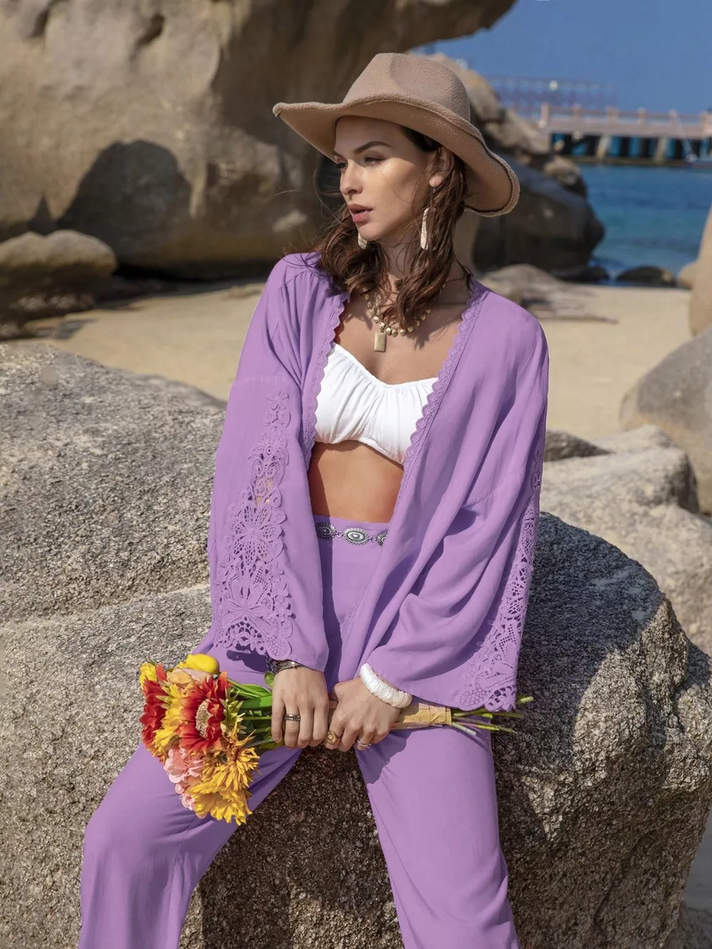 Lace Detail Open Front Cover Up and Pants Set, image 2