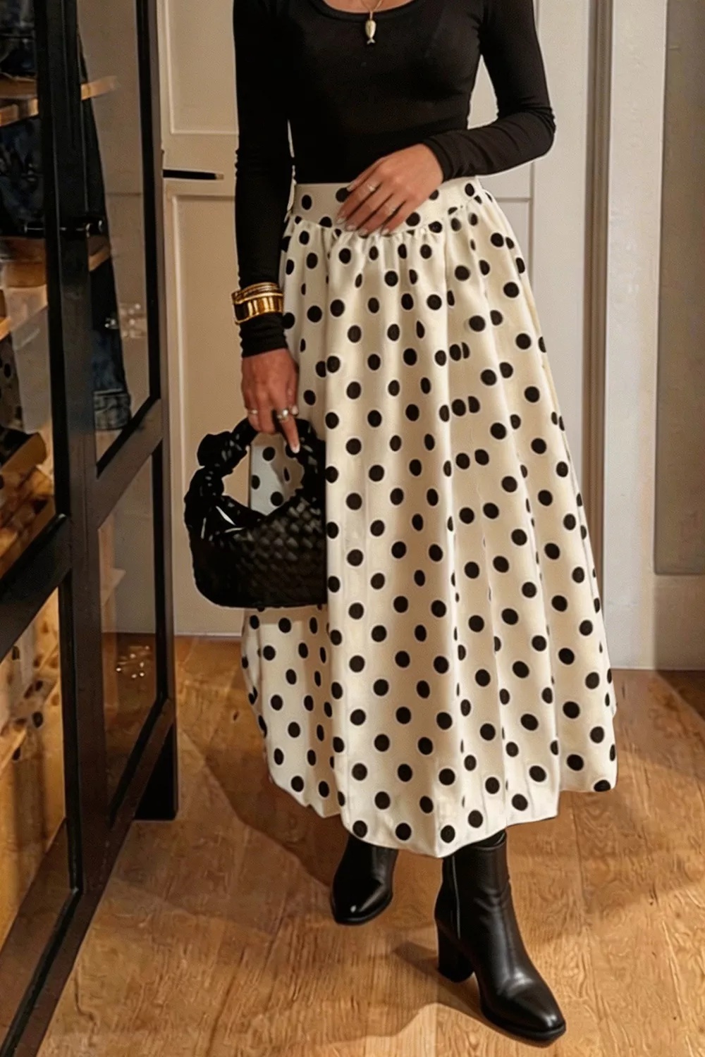 Polka Dot Bubble Hem Midi Skirt, image 5