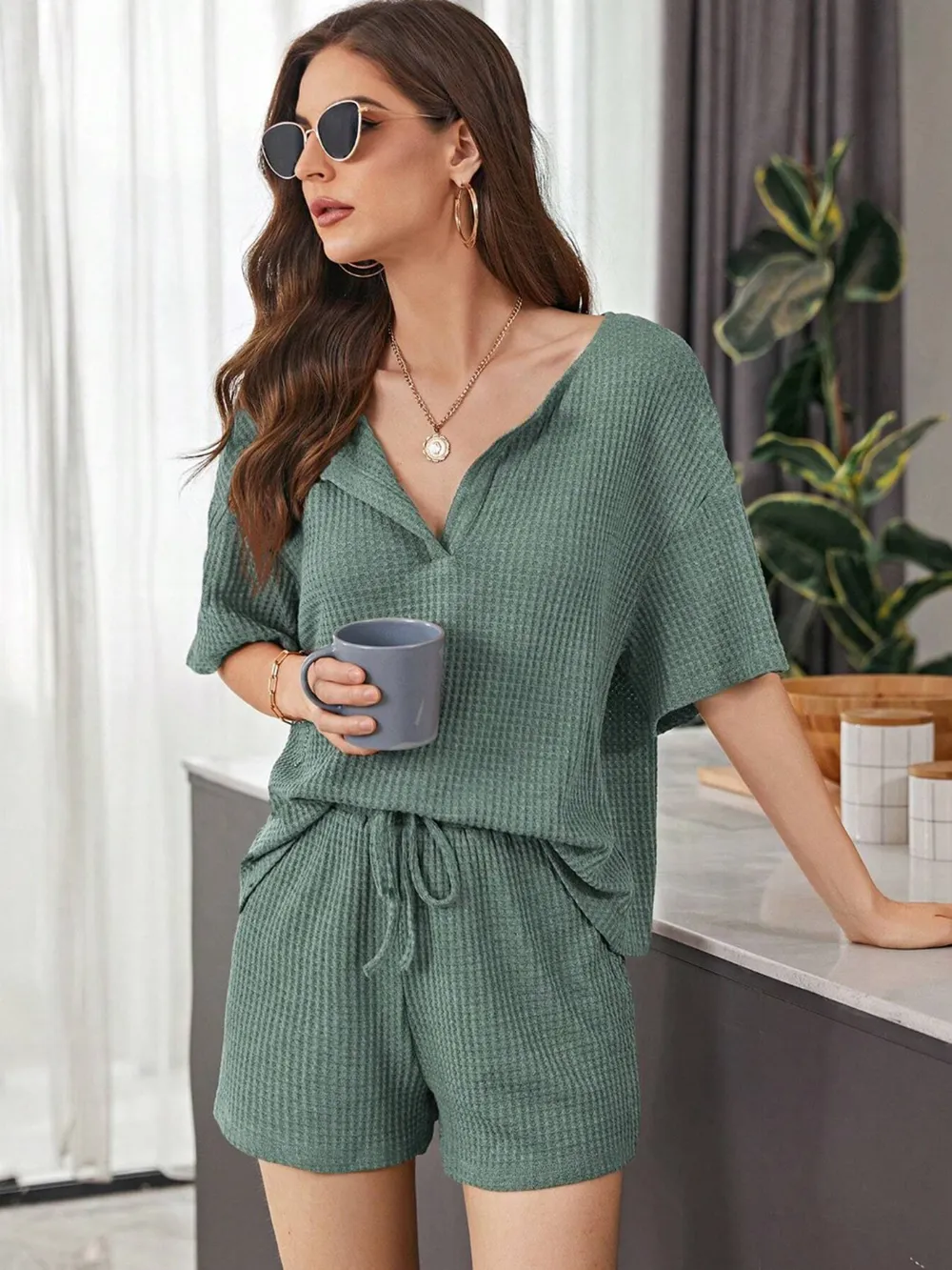 Full Size Waffle-Knit Dropped Shoulder Top and Shorts Set, image 13
