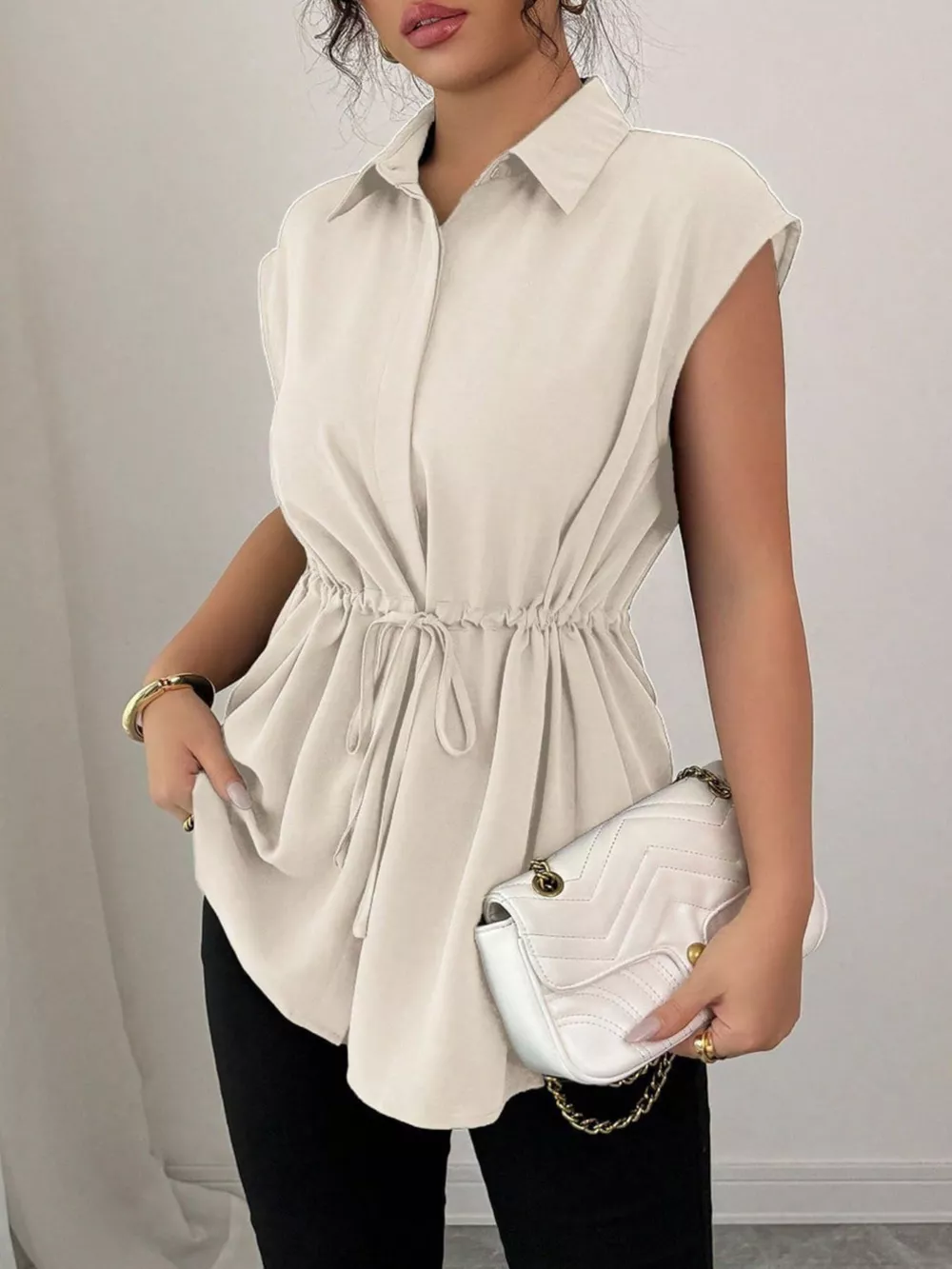 Drawstring Waist Cap Sleeve Shirt, image 14
