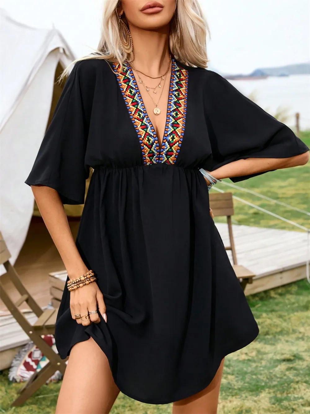 Embroidered Plunge Half Sleeve Mini Dress, image 3