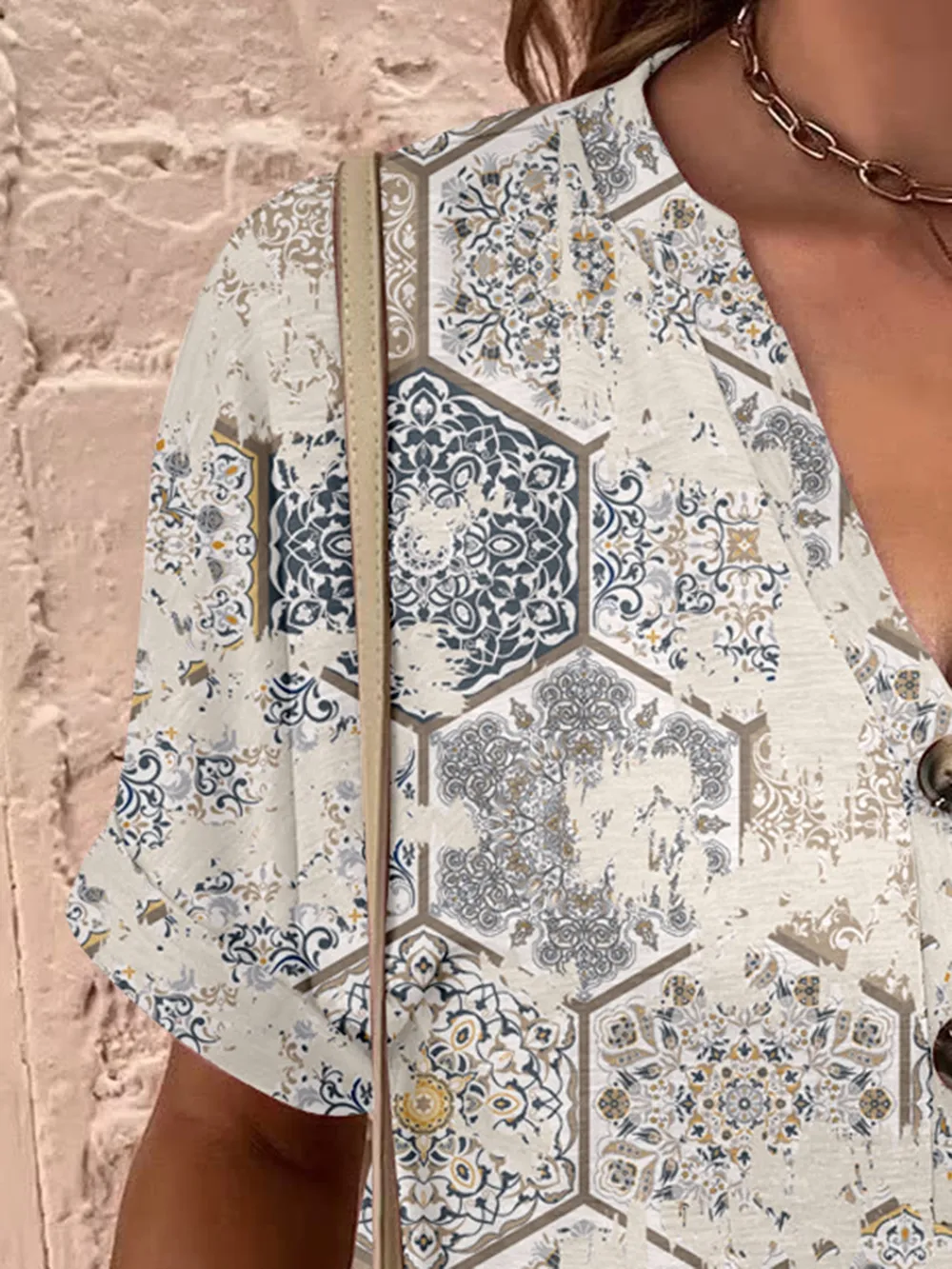 Full Size Printed Notched Short Sleeve Blouse, image 19