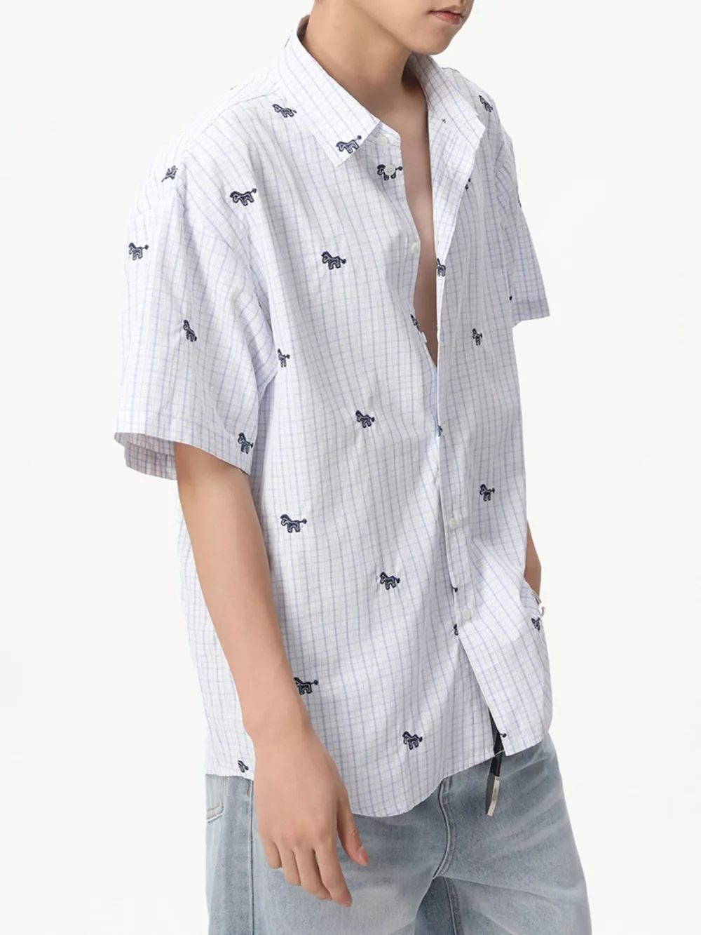 Men's Plaid Short Sleeve Shirt with Embroidered Animal Pattern, image 2