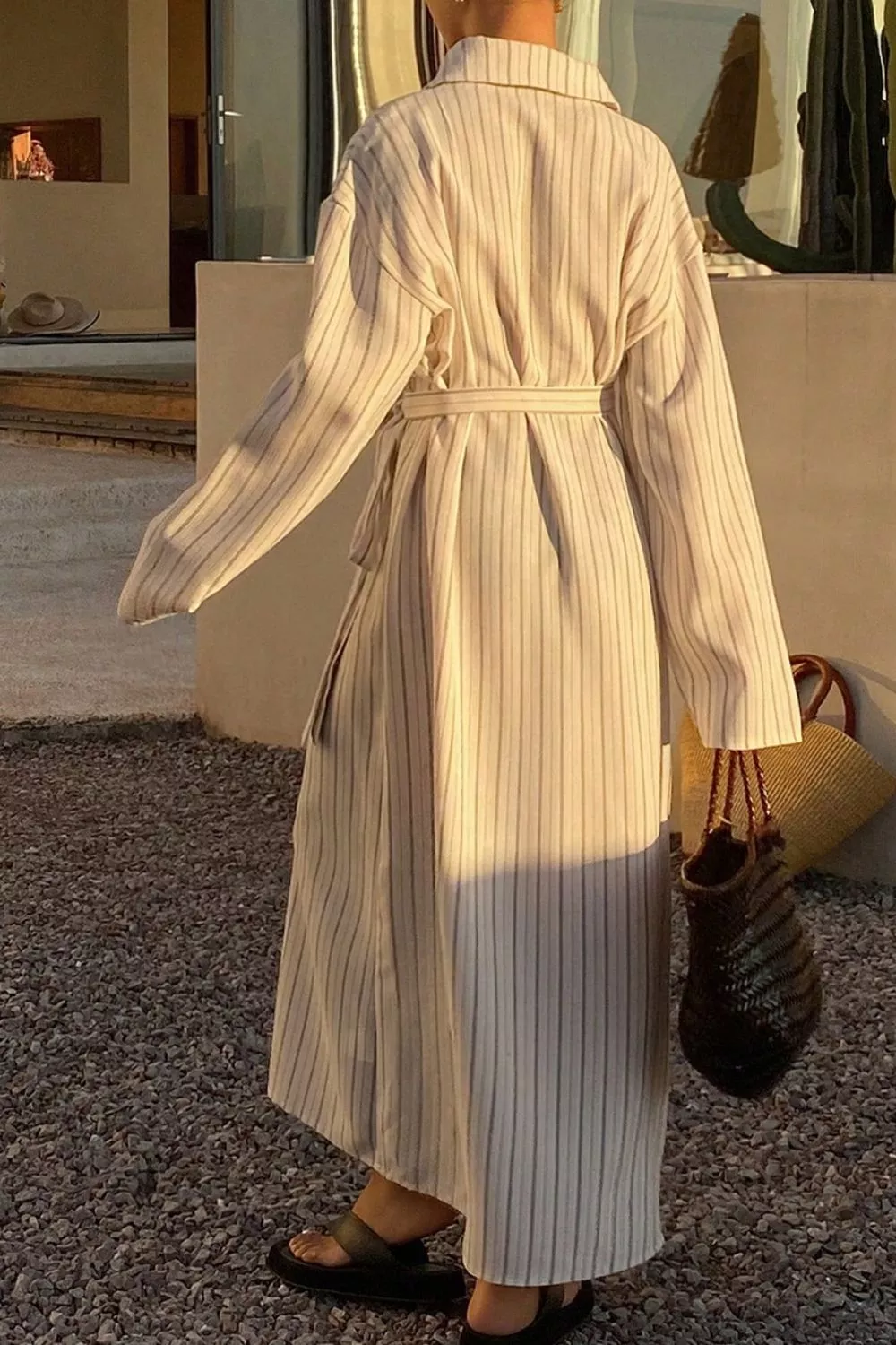 Striped Button-Down Shirt Dress with Waist Tie, image 5
