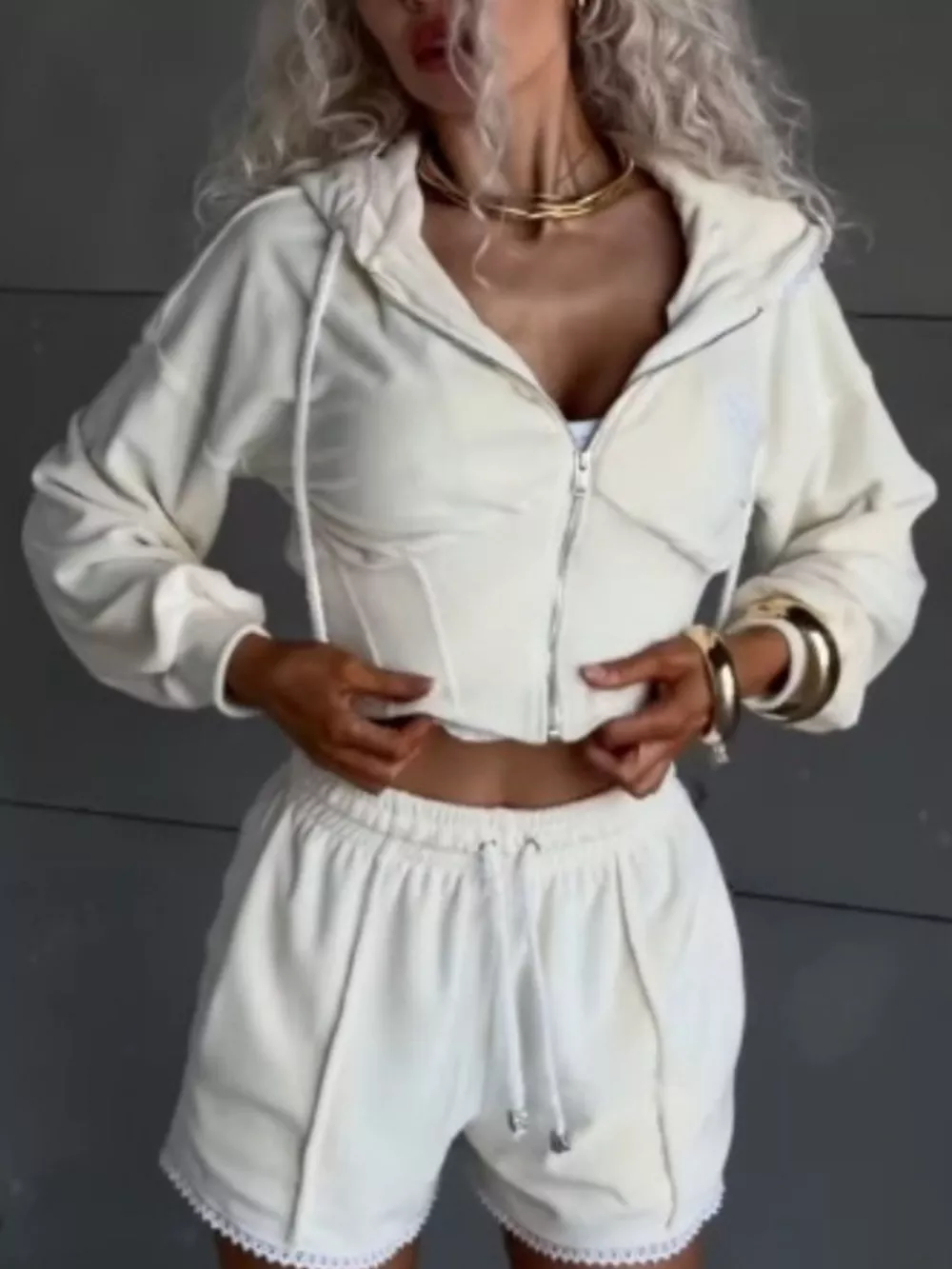 Drawstring Zip-Up Hoodie and Shorts Set, image 15