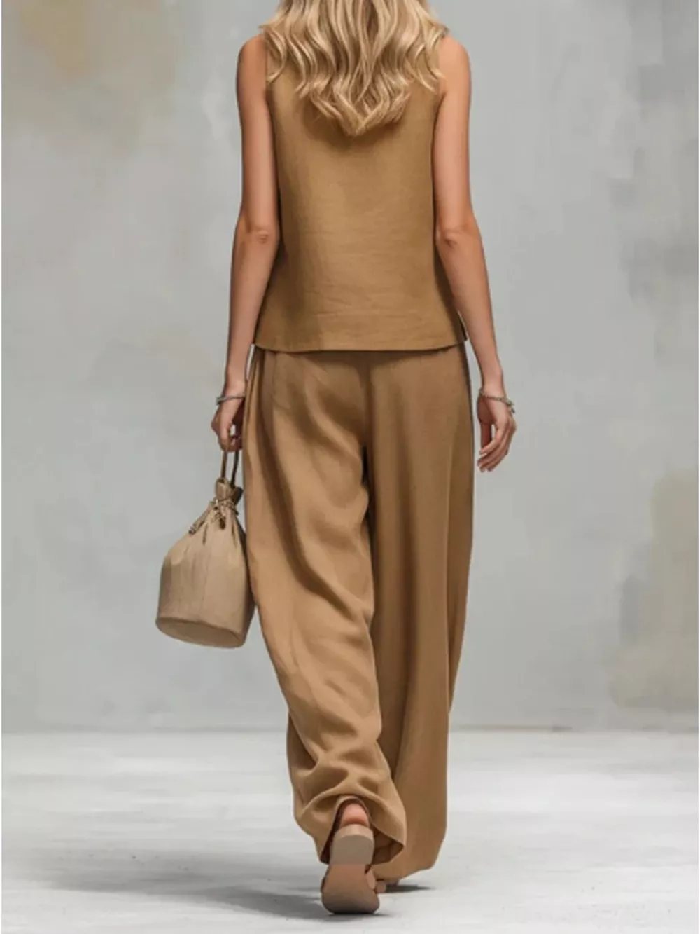 Sleeveless Button-Down Top and Wide-Leg Pant Set, image 2