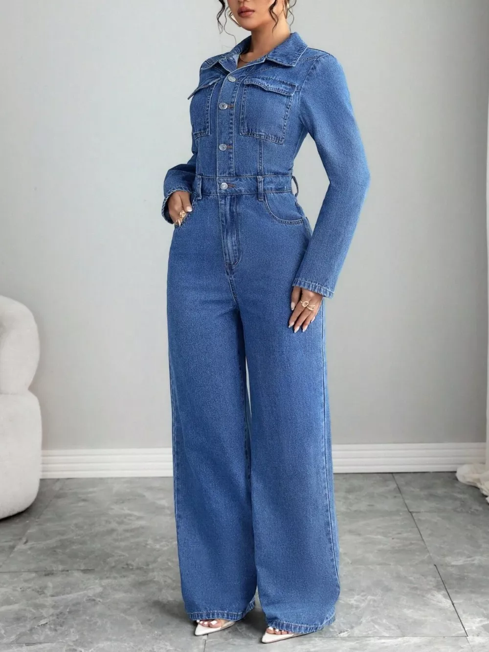 Button Front Long Sleeve Denim Jumpsuit, image 2