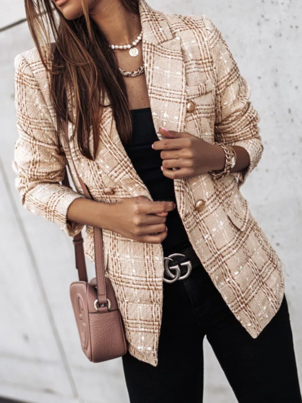 Full Size Plaid Tweed Double-Breasted Blazer Plus Size, image 5