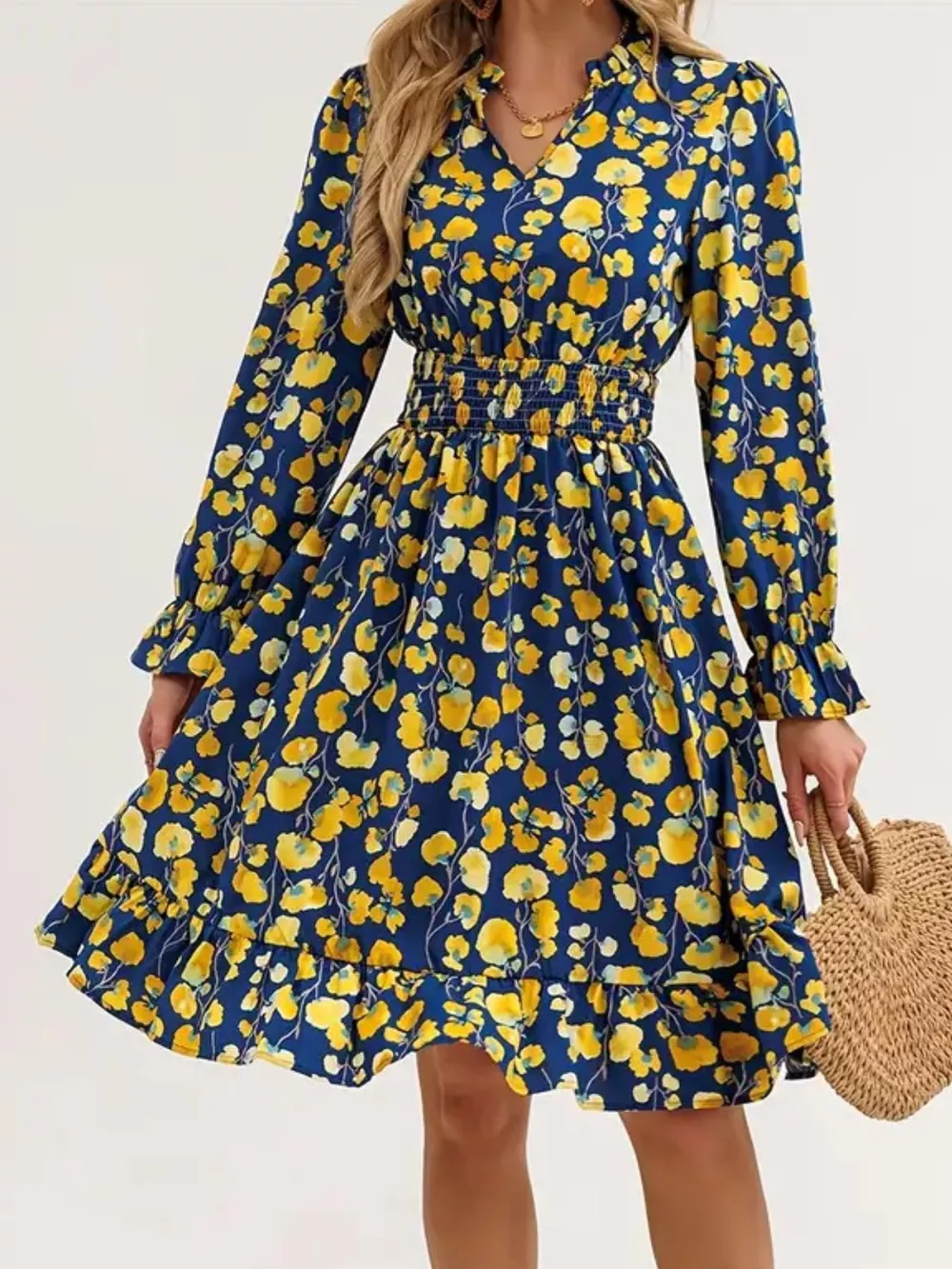 Floral Notched Flounce Sleeve Dress, image 9