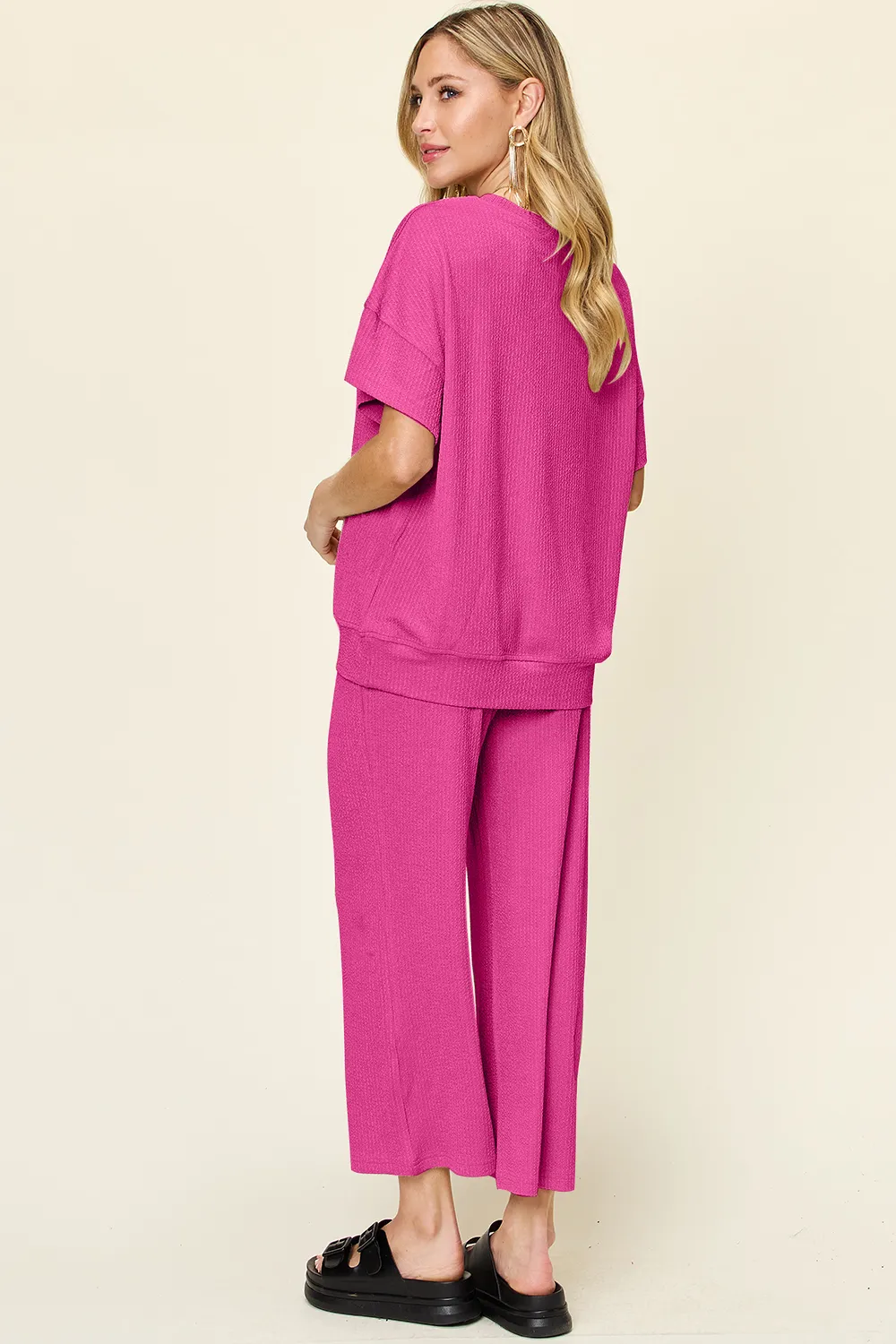 Full Size Texture Round Neck Short Sleeve T-Shirt and Wide Leg Pants, image 8