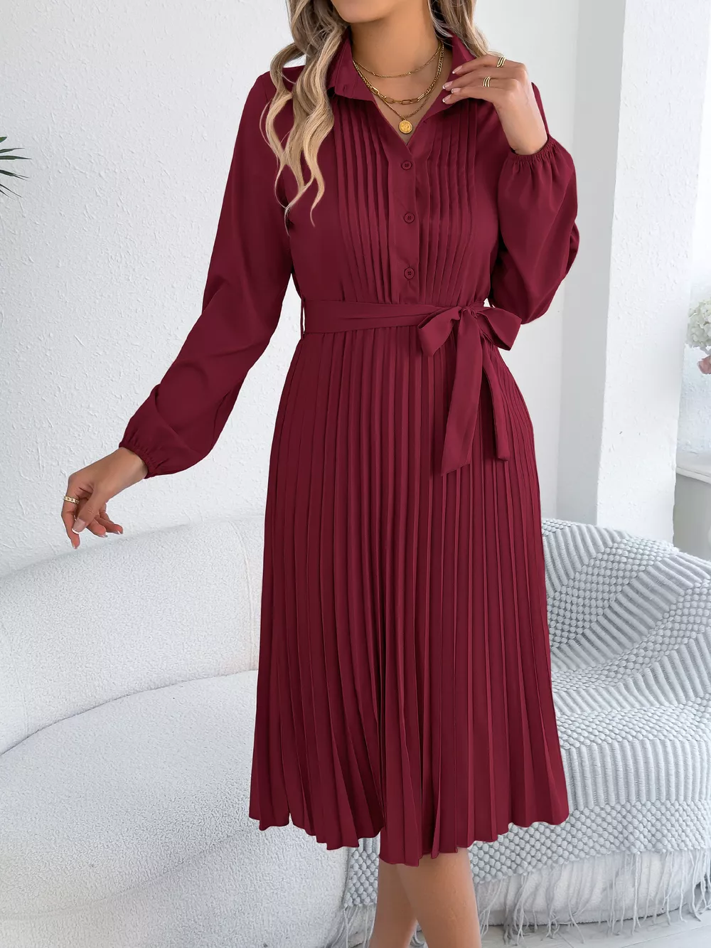 Pleated Tie Waist Balloon Sleeve Dress, image 2