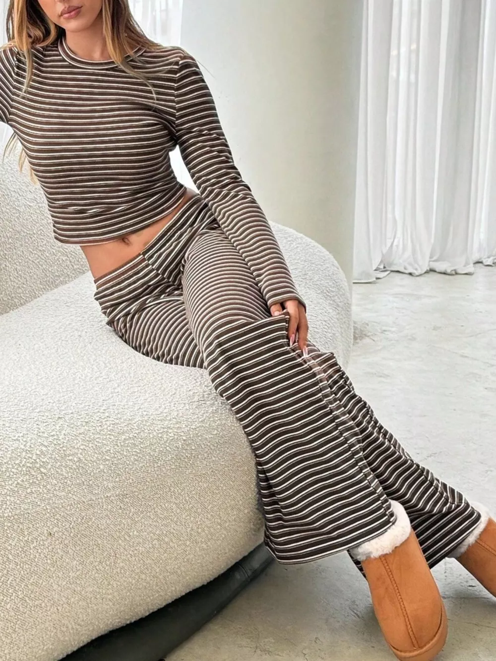 Striped Long Sleeve Crop Top and Wide Leg Pants Two-Piece Set, image 6