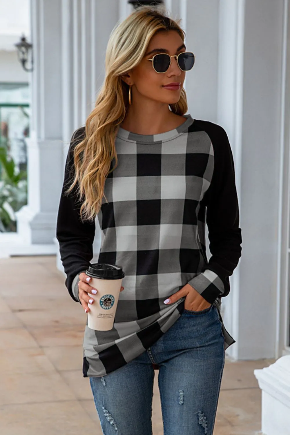 Plaid Round Neck Long Sleeve T-Shirt, image 7