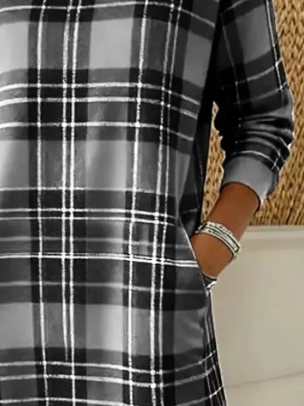 Full Size Plaid Long Sleeve Crew Neck Dress with Pockets Plus Size, image 2