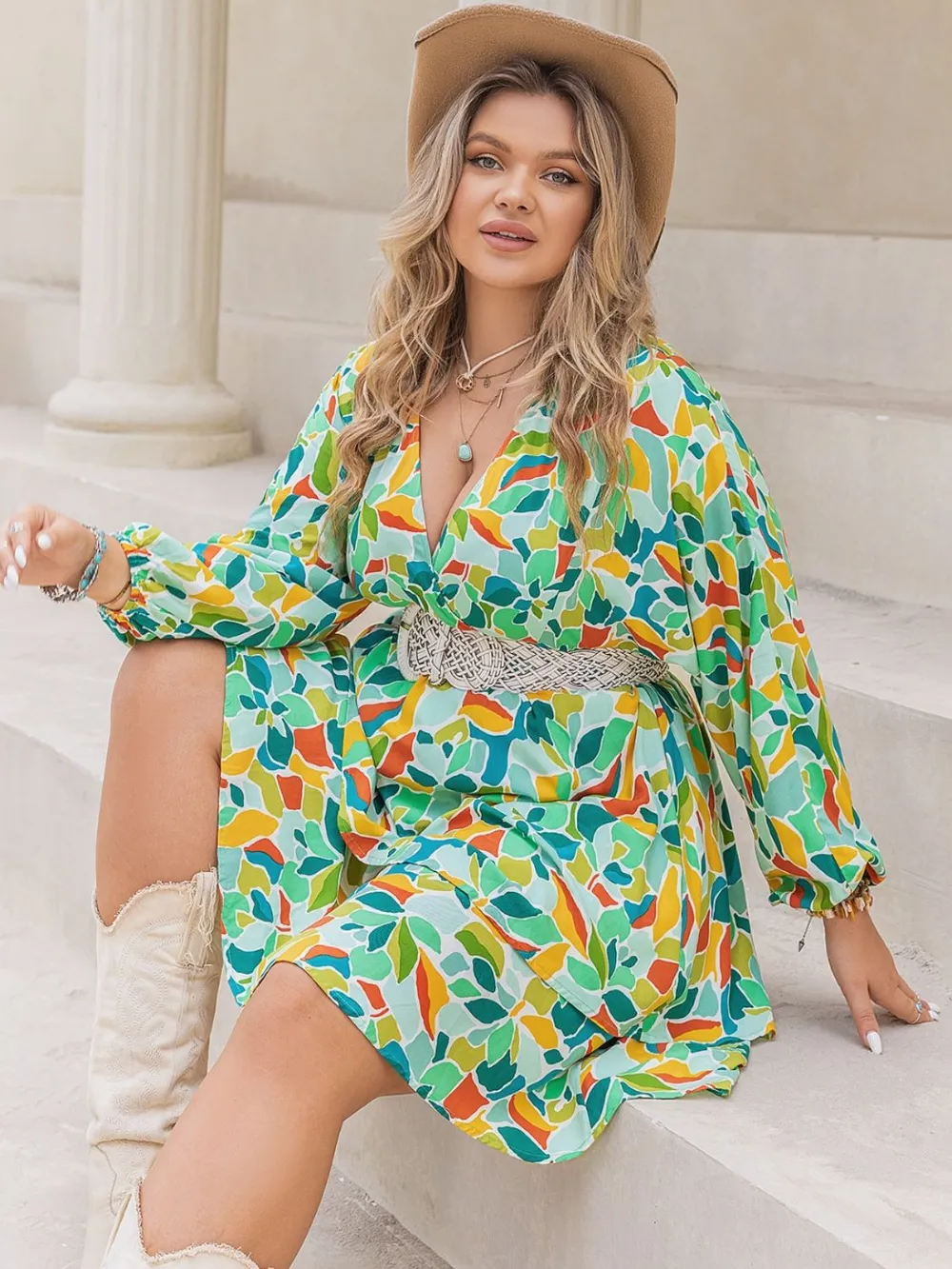 Plus Size Printed Surplice Long Sleeve Mini Dress, image 4