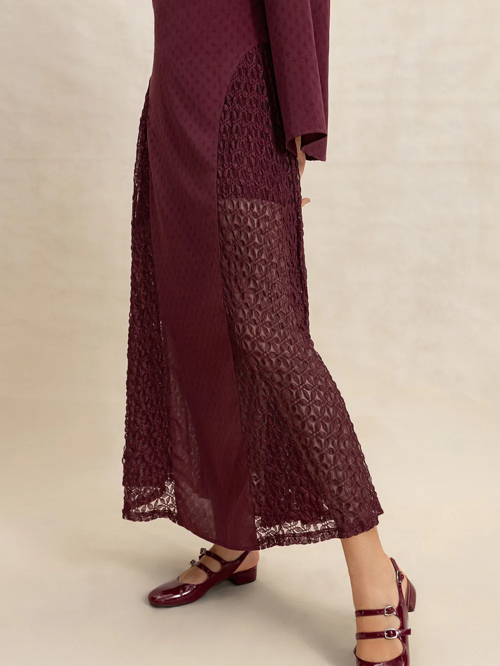Lace Patchwork V-Neck Long Sleeve Midi Dress, image 6